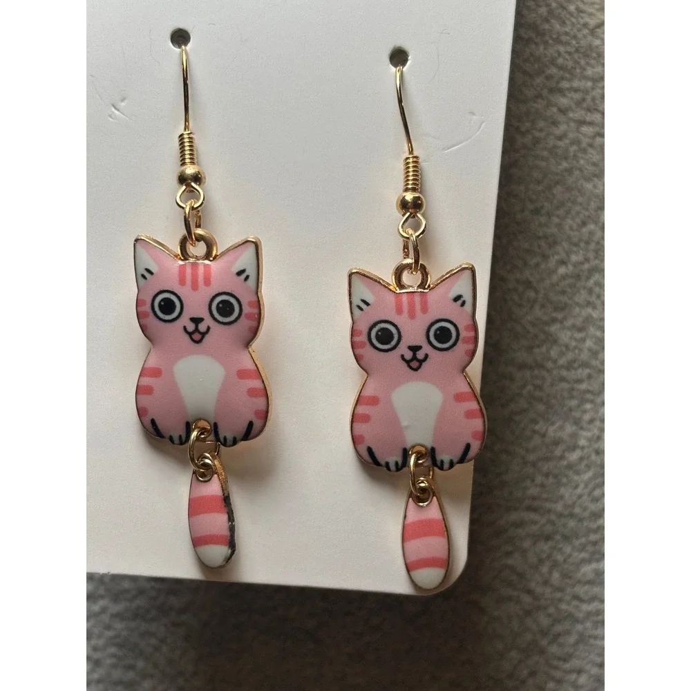 #49. Swinging Tabby Pink Cat Tail Earrings